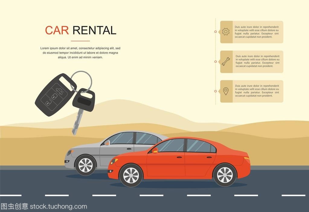红色的汽车在沙漠的道路上行驶。信息、租车、汽车租赁横幅